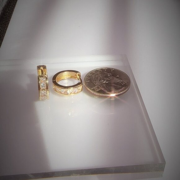 Gold Plated Hoop Earrings With Square CZ Stones - Picture 4 of 4